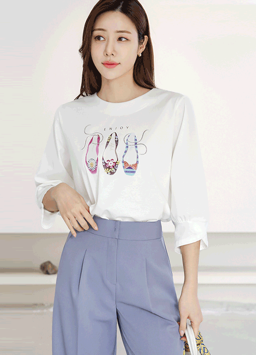엔조이 튤립 커프스 7부 소매 프린팅 티셔츠