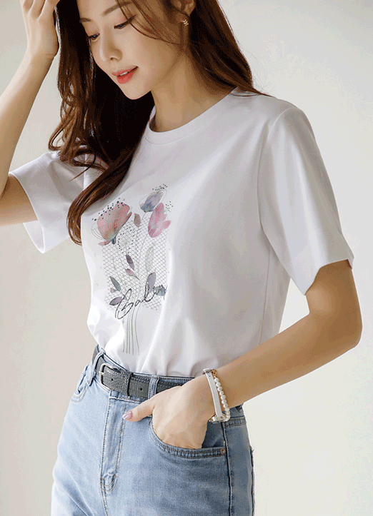 [루이스엔젤] 베니드 수채화 튤립 비즈 프린팅 티셔츠