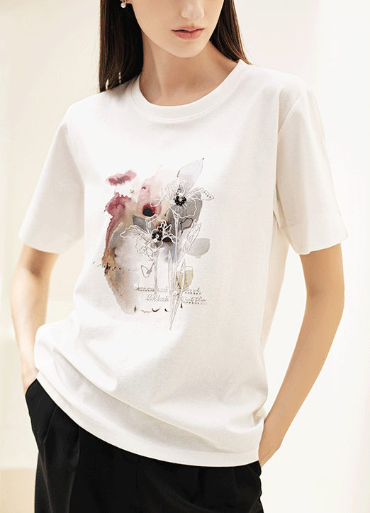 [Theonme] 수채화 플라워 진주장식 반팔 라운드 티셔츠