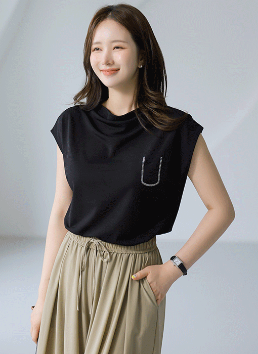 데이븐 페이크 포켓 핫픽스 베이직 쿨 슬라브 반하이넥 캡소매 티셔츠