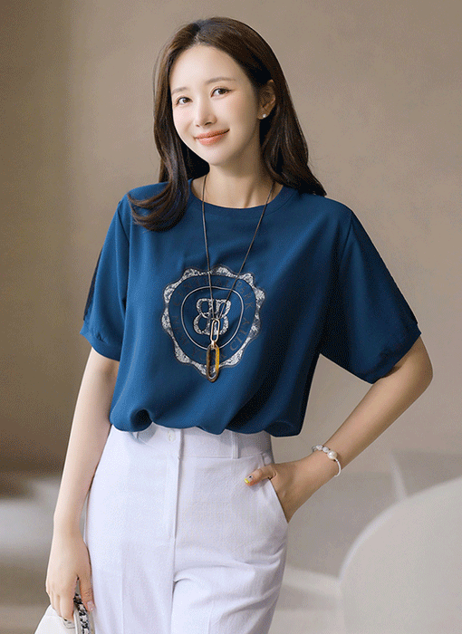 클러치 시원하게 차르르 쿨링 레이스 배색 밑단 시보리 프린팅 티셔츠