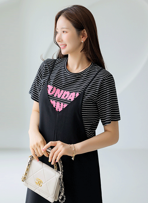 네온 소다 레터링 발포 나염 프린팅 스트라이프 티셔츠