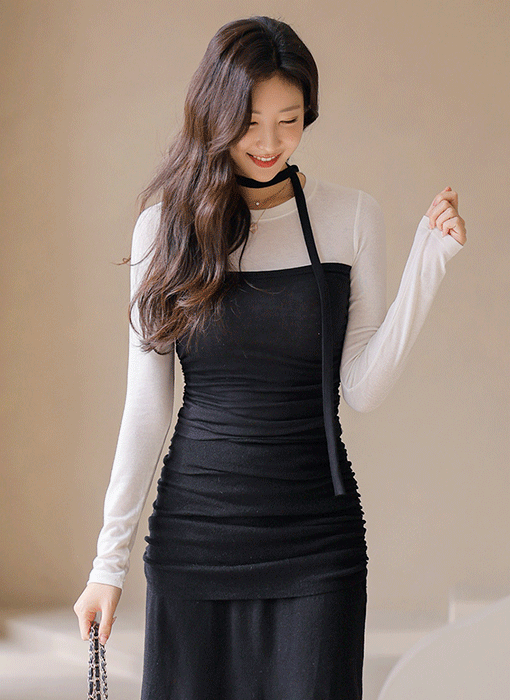 에이젤 리본SET 뷔스티에 배색 이중 레이어드 슬림 티셔츠