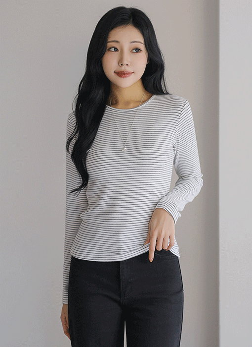 [Theonme] 디앤드 앙고라 스트라이프 슬림 라운드 티셔츠