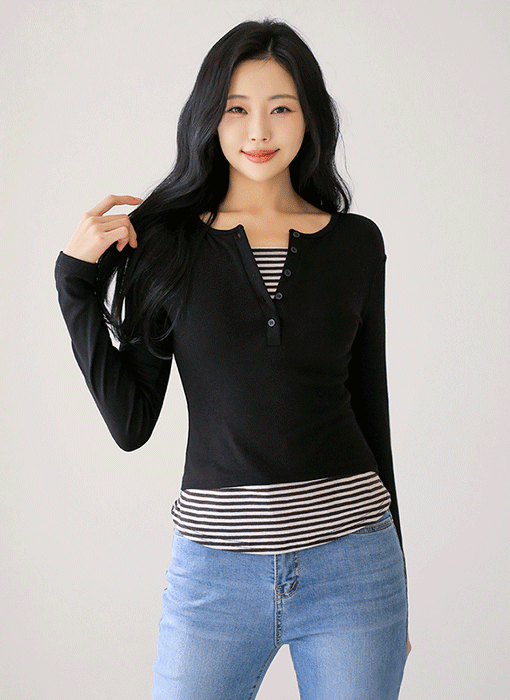 [Theonme] 데인트 스트라이프 레이어드 헨리넥 티셔츠