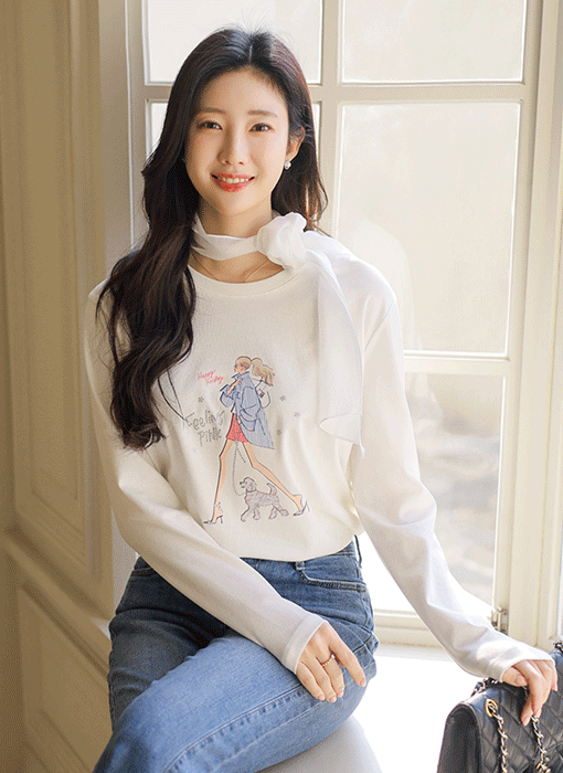 [루이스엔젤] 레모네 힐링 워크 스트라이프 걸 프린팅 긴팔 라운드 티셔츠