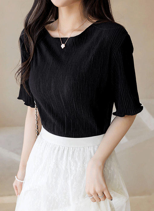 메이븐 플리츠 링클 텍스쳐 5부 소매 입술넥 티셔츠