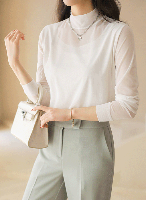 엔데이 심플 베이직 쿨링 시스루 레이어드 반하이넥 티셔츠