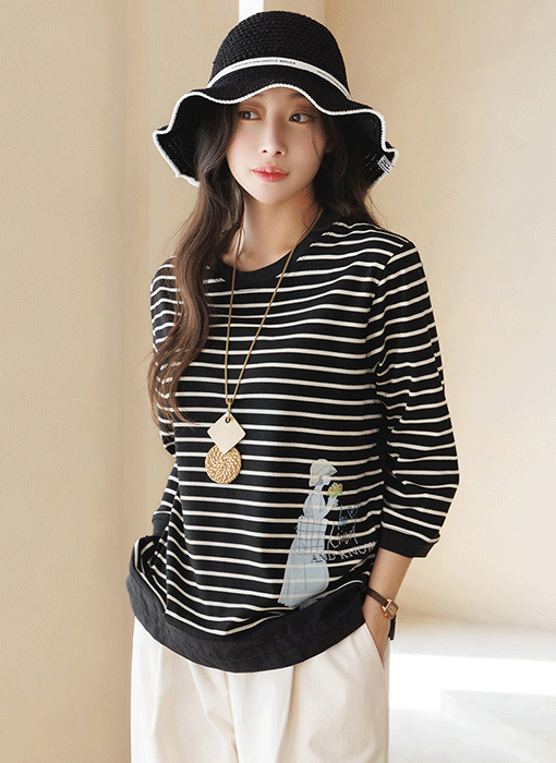 [Theonme] 헤이플 밑단 스트링 스프링걸 프린팅 스트라이프 배색 티셔츠