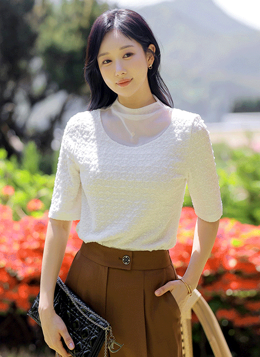 [루이스엔젤] 베린 시스루 배색 반하이넥 5부 엠보 쟈가드 티셔츠
