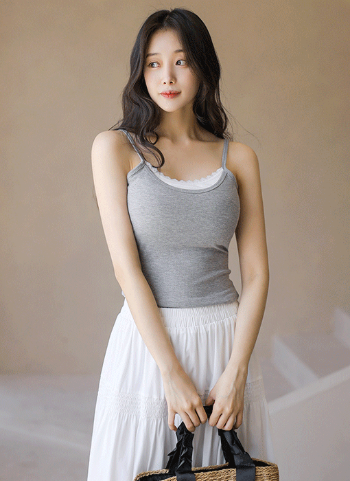 [Theonme] 레이스 레이어드 골지 캡내장 나시