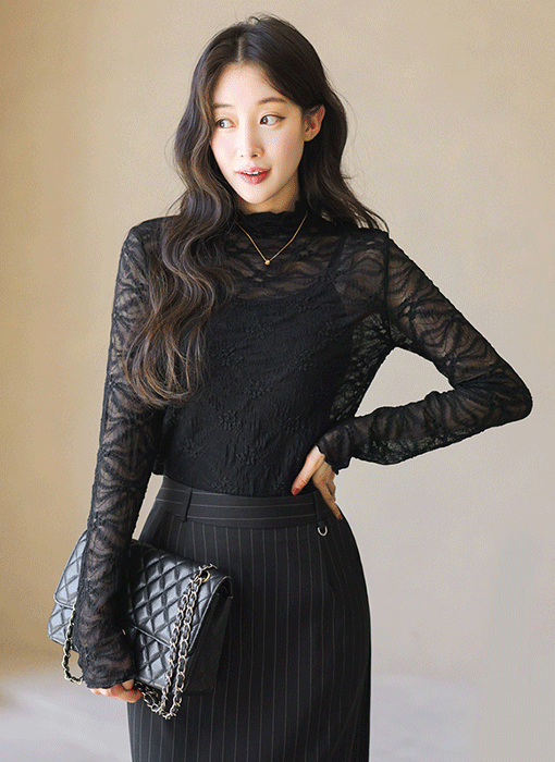 모먼츠 레이스 시스루 하이넥 긴팔 티셔츠