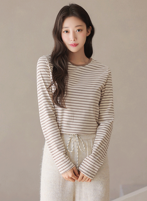 [Theonme] 스트라이프 양기모 라운드 긴팔 티셔츠