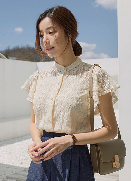 차이나 반팔 날개 레이스 블라우스