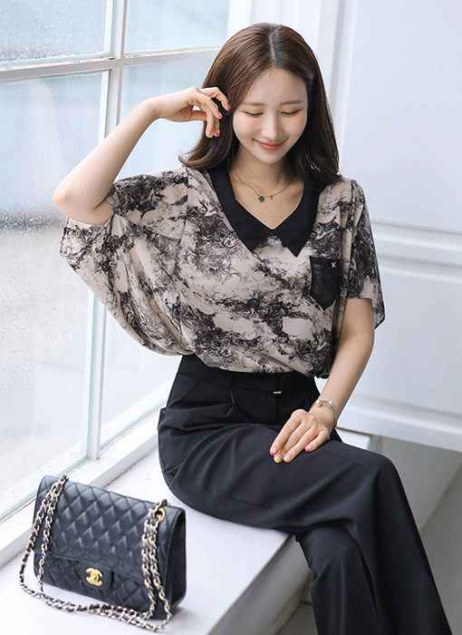 루니브 드레이프 가오리핏 소매 쉬폰 카라 블라우스