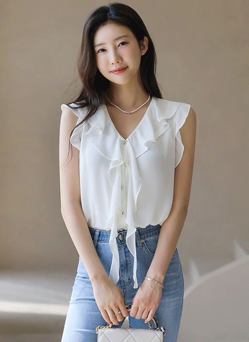 아테네 러플 브이넥 타이 나시 블라우스