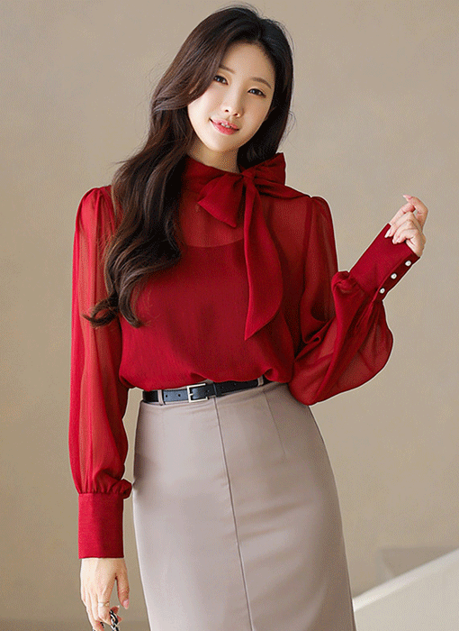 도나멜 매혹적인 컬러 리본 타이넥 시스루 쉬폰 블라우스