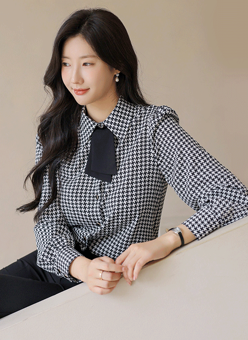 [루이스엔젤] 플리에 타이SET 하운드 체크 카라 블라우스