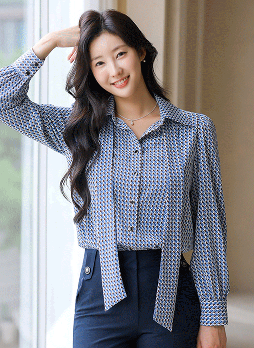 [루이스엔젤] 그리드 컬러 매치 기하학 패턴 리본 타이SET 카라 블라우스