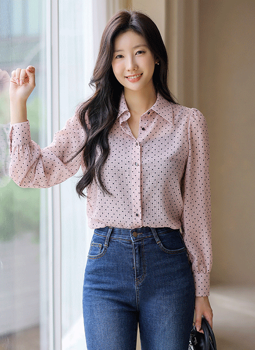 [루이스엔젤] 레이빈 리본 타이 SET 시스루 쟈가드 체크 도트 블라우스