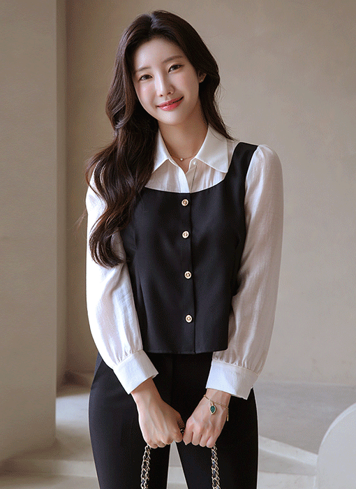 엔디로 배색 텐셀 시스루 핀턱 블라우스
