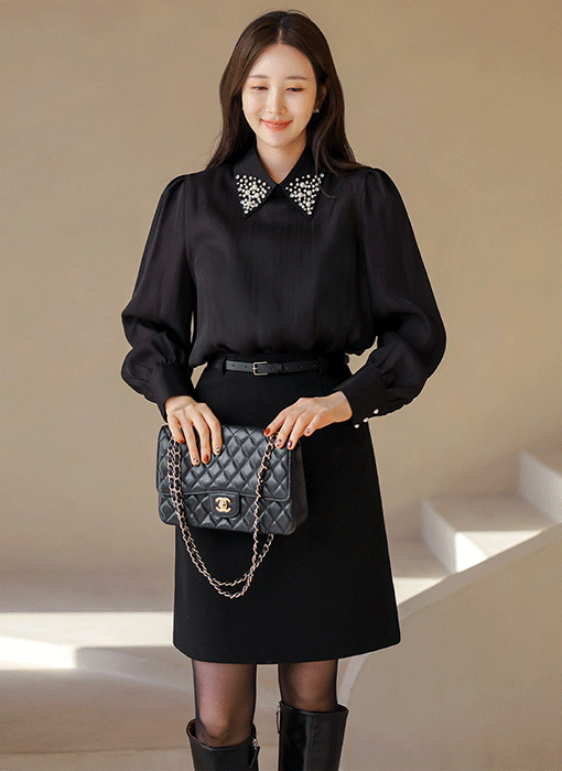 파티드 샤인 진주 큐빅 디테일 카라 새틴 블라우스