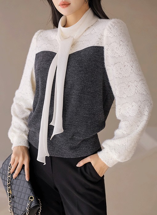 [루이스엔젤] 하포니 리본타이 눈꽃 날개사 기모 레이스 하트라인 배색 블라우스 티