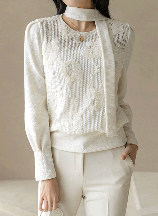 [루이스엔젤] 에트나 리본SET 쟈가드 플라워 레이스 핀턱 퍼프소매 블라우스 티