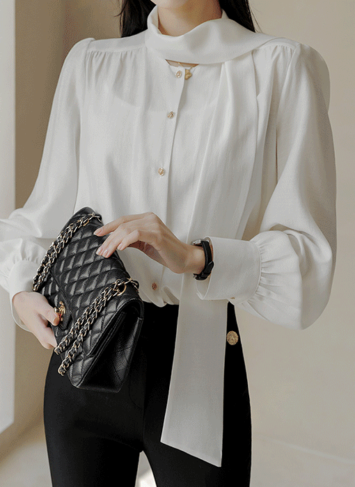 [루이스엔젤] 벤지아 리본 타이 넥 사각사각 쉬폰 퍼프소매 블라우스