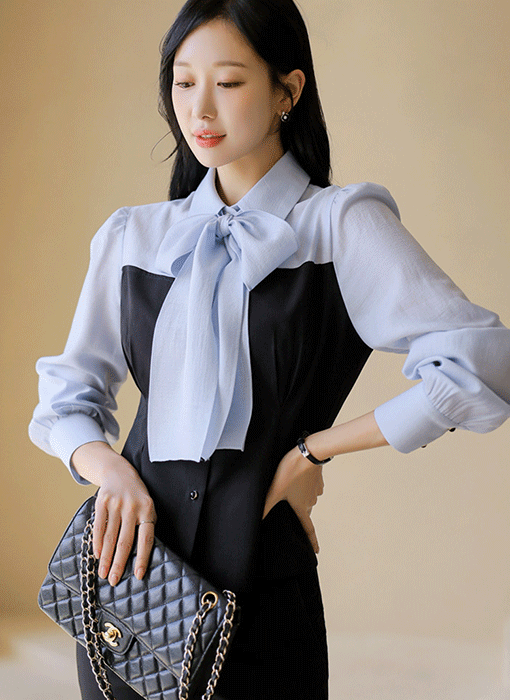 [루이스엔젤] 블레스 타이 리본SET 하트라인 배색 핀턱 페플럼 카라 블라우스
