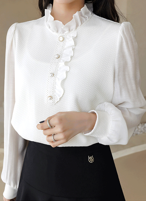 [루이스엔젤] 에너브 프릴 넥 소매 배색 쟈가드 블라우스 티