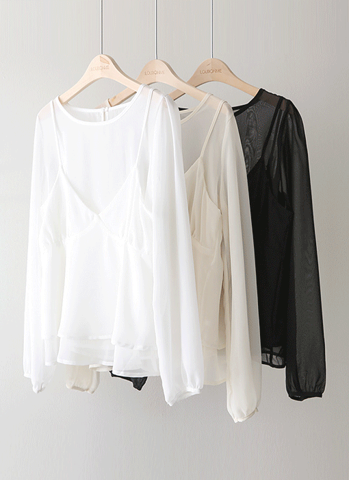 루아나 셔링 캉캉 뷔스티에 시스루 쉬폰 블라우스 투피스 세트