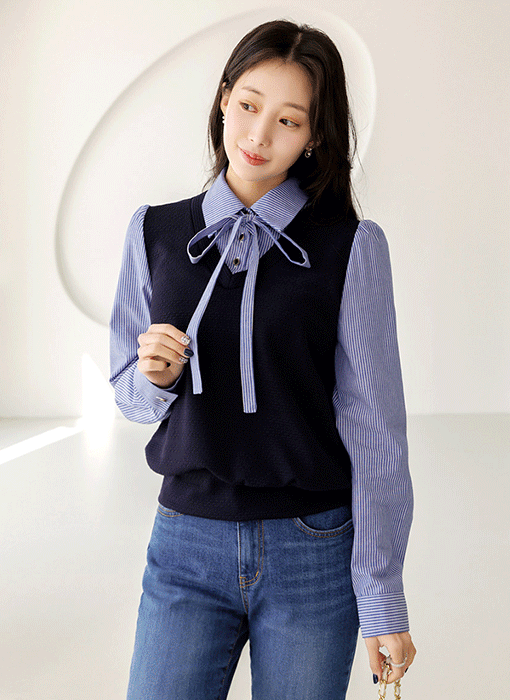 [루이스엔젤] 하데나 리본 타이SET 스트라이프 배색 쟈가드 블라우스 티