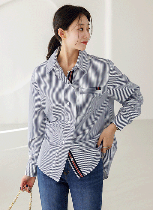 브로프 테이핑 배색 포인트 여리 루즈핏 스트라이프 셔츠