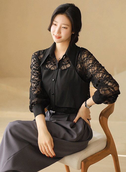 플라워 시스루 레이스 뷔스티에 레이어드 카라 블라우스