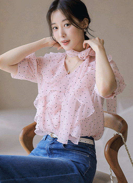 [루이스엔젤] 아이엔 리본 스카프SET 러플 쉬폰 도트 블라우스