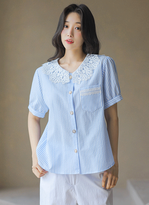 바이디 스트라이프 펀칭 레이스 카라 블라우스