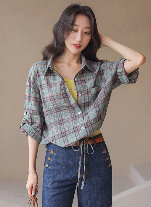 [Theonme] 체크 소매 롤업 밑단 스트링 7부 셔츠