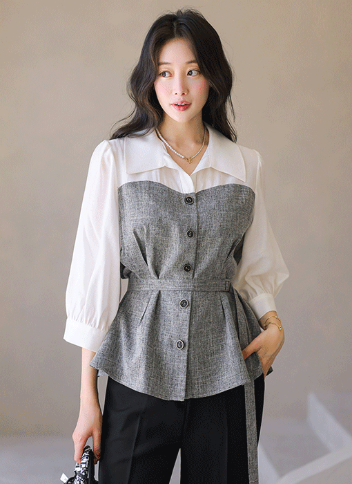 [루이스엔젤] 르베르 벨트SET 배색 버튼 7부 카라 블라우스