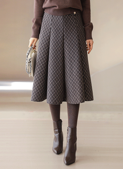 블리즈 타탄 체크 뒷밴딩 모직터치감 절개 A라인 플레어 롱 스커트