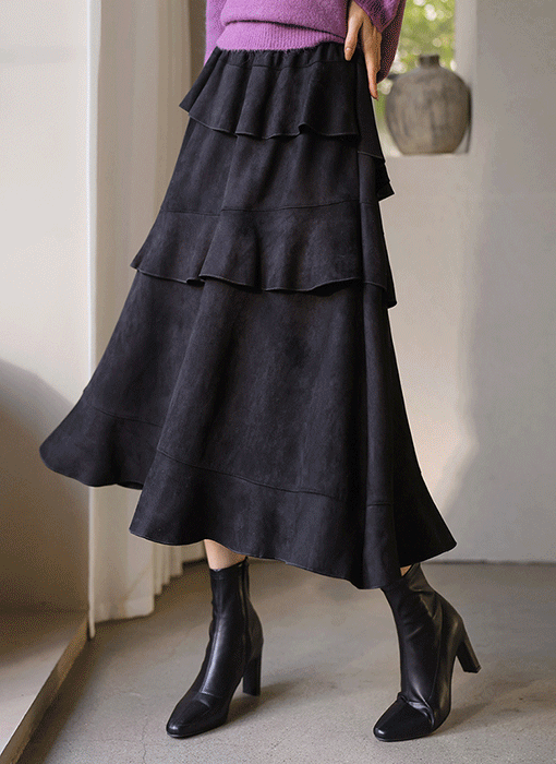 트엘르 언발 캉캉 프릴 플레어 스웨이드 밴딩 스커트