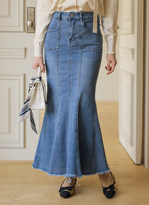 델로마 에스닉 벨트SET 절개 스티치 머메이드 라인 데님 롱 스커트
