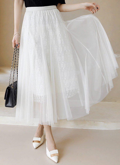 에르네 시스루 샤 레이어드 플라워 베인 레이스 A라인 플레어 롱 스커트