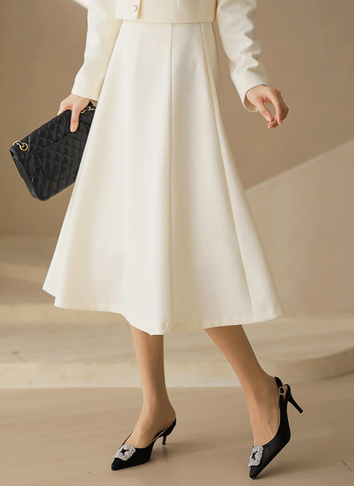 디엘라 사이드 절개 백밴딩 A라인 플레어 트위드 롱 스커트