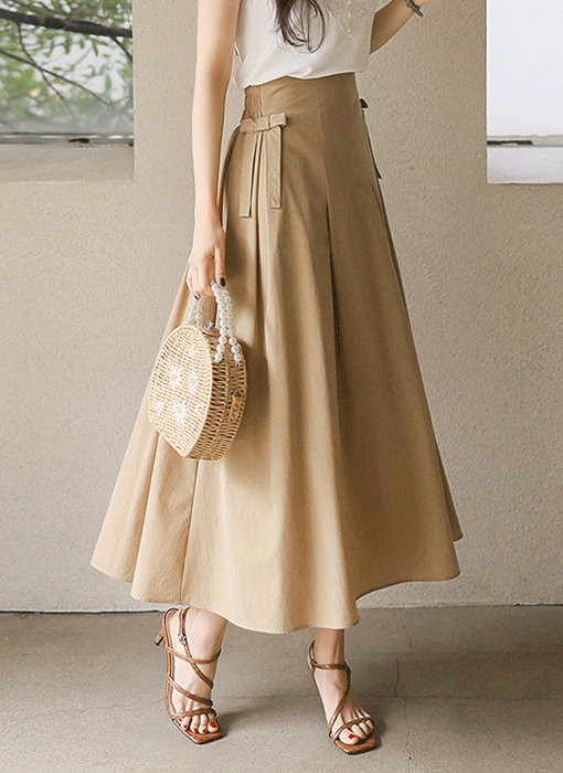 스모킹 허리 뒷밴딩 사이드 리본 핀턱 A라인 플레어 롱 스커트