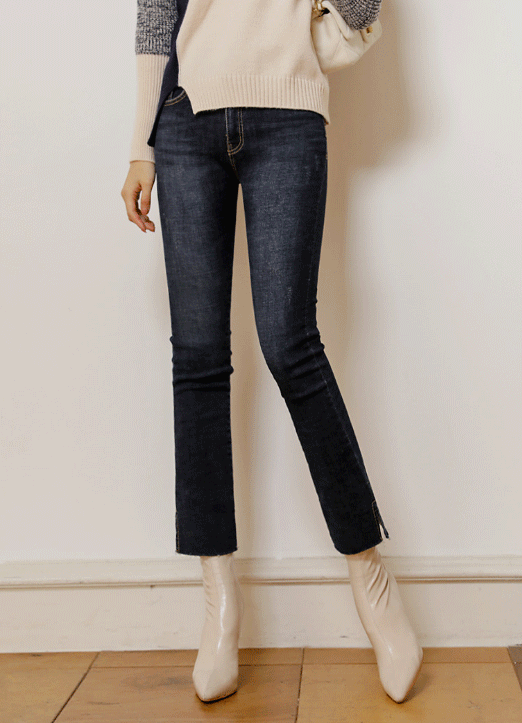 다크블루 속기모 밴딩 옆트임 워싱 데님팬츠 