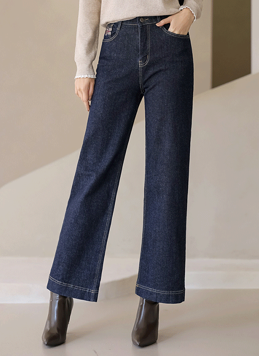 올리프 포근 속기모 레터링 자수 일자 세미 와이드 데님 팬츠