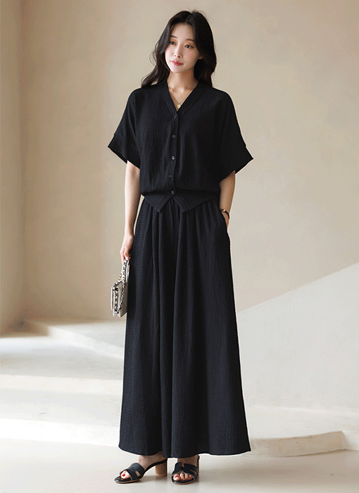 [Theonme] 헤일링 지지미 시어서커 브이 가디건 밴딩 와이드 팬츠 투피스 세트