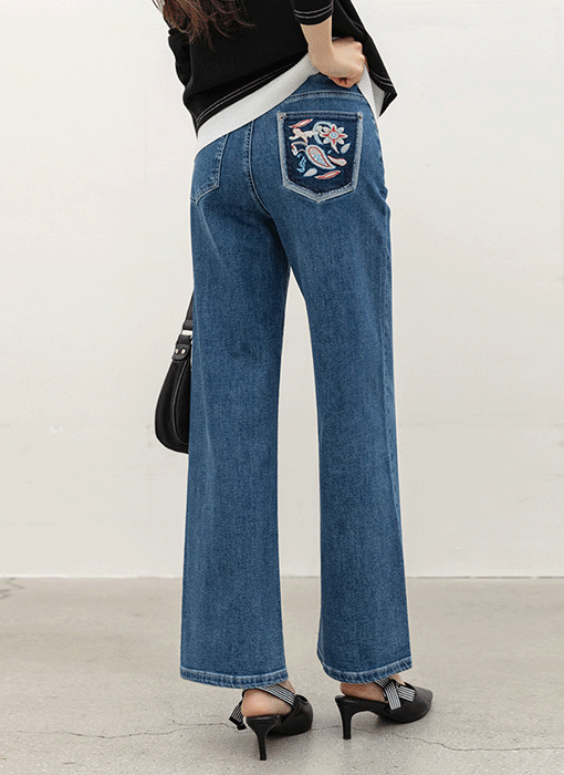 로어프 에스닉 페이즐리 자수 포인트 히든밴딩 세미 와이드 데님 팬츠