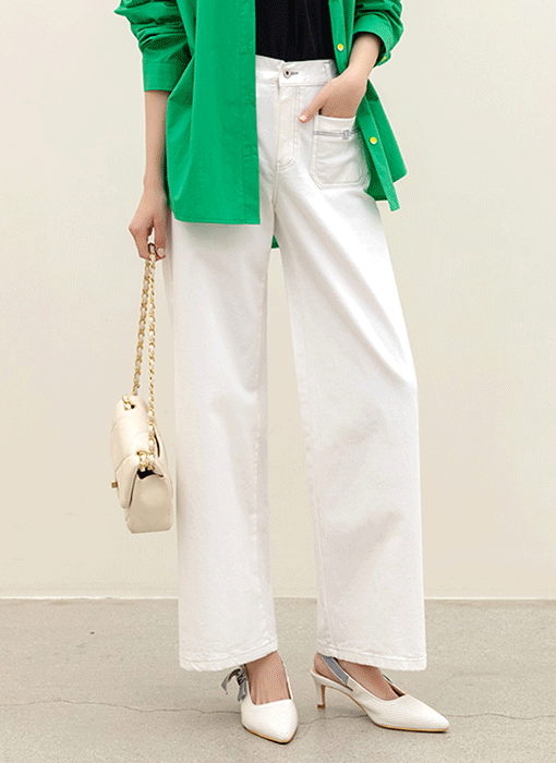 온디어 자수 포켓 백 밴딩 세미 와이드 일자 면 팬츠